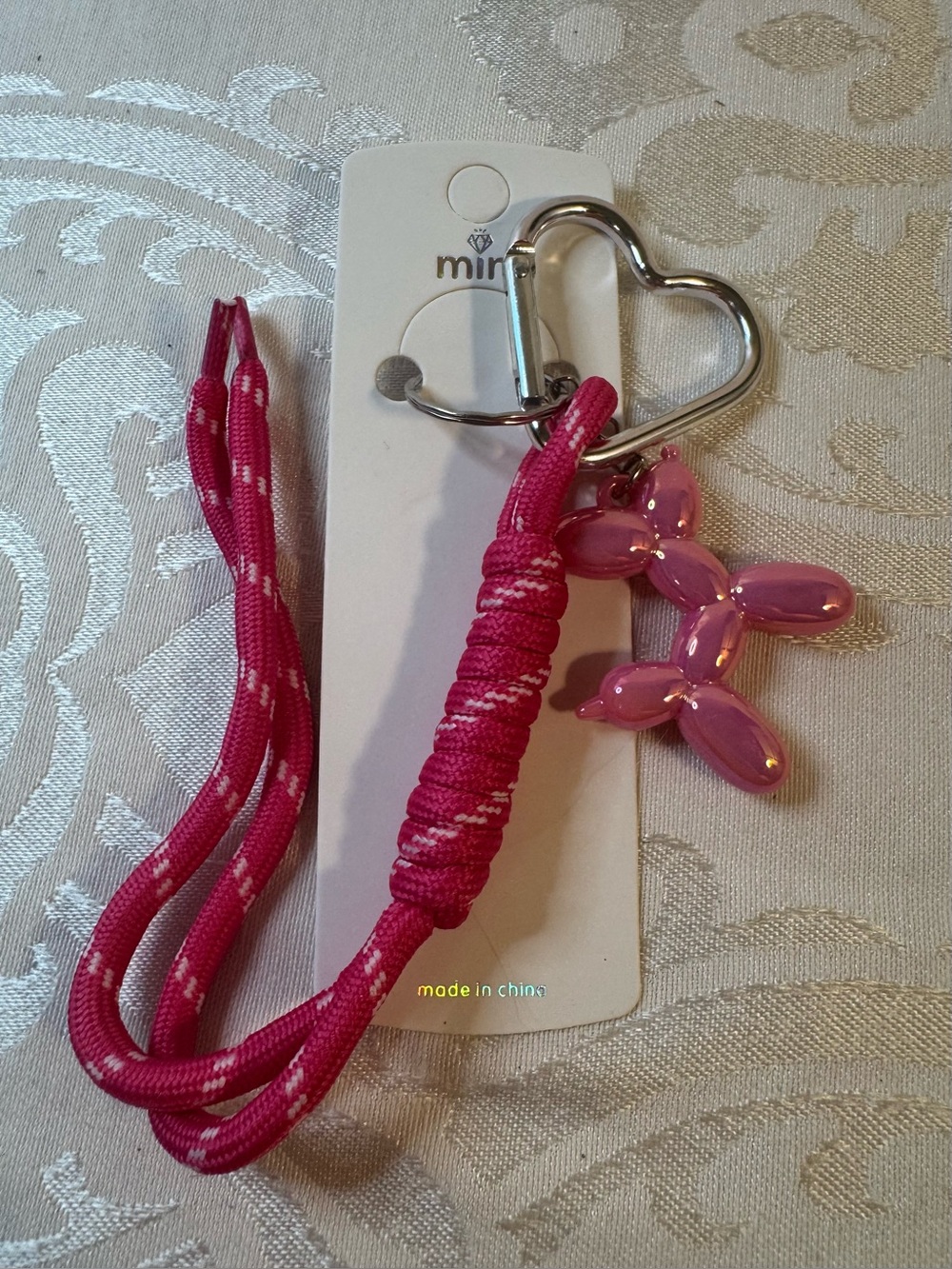New MINT Paracord Pink Balloon Dog Charm Keychain with Heart Carabiner